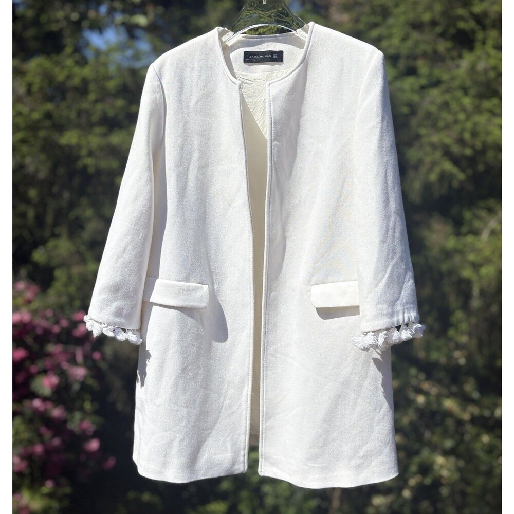 Zara Woman White Blazer Jacket Cardigan Size Medium Tassled Sleeves Open Lined